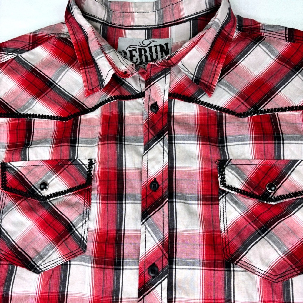 Rerun Red Black Plaid Short Sleeve Button Down Embroidered Yoke Mens Sz XXL